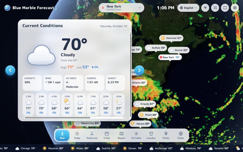 Blue Marble Forecast showing current conditions over a NASA globe